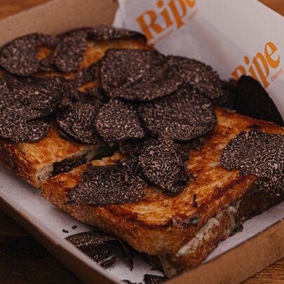 A toasted cheese sandwich topped with sliced black truffle