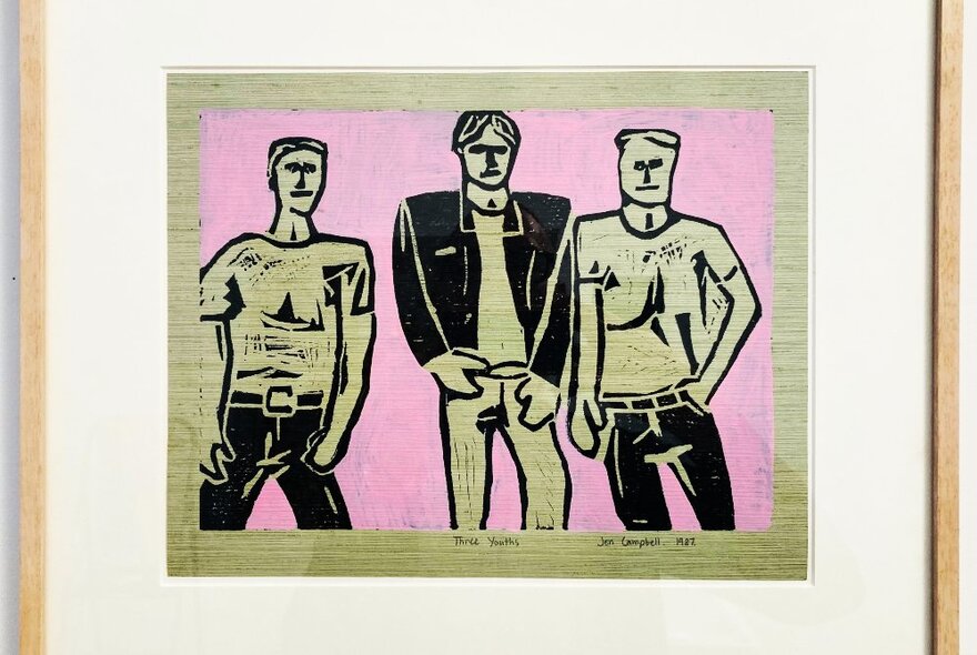 A graphic print representing three young men standing with their hands in their pockets.