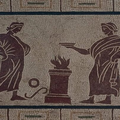 Example of a Roman mosaic with tiles in brown and black, two men wearing robes around a fire.