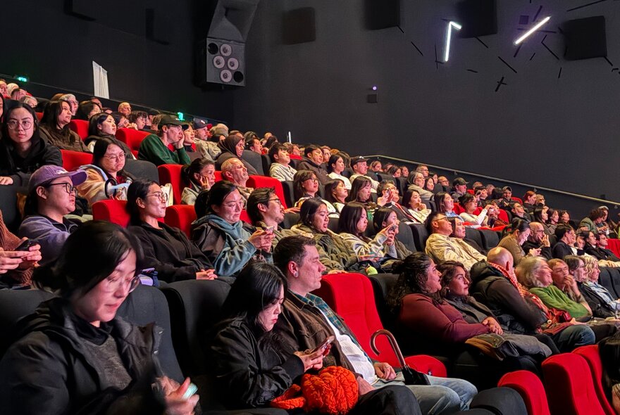Audience seated in a cinemal with the house lights up. 