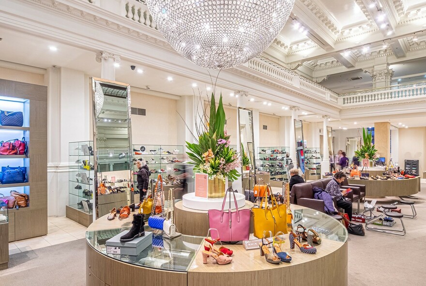 Interior of shoe shop with shoes on display.