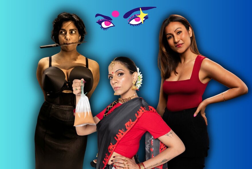 Three Asian women, two with their hands on their hips, one holding a bag of spice.