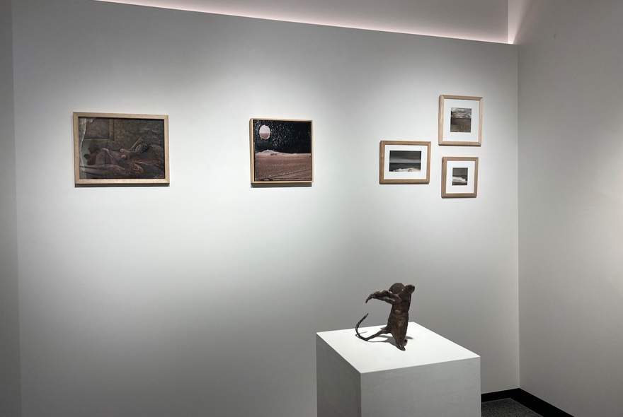 A gallery setting with artwork on the walls and a sculpture on a pedestal.