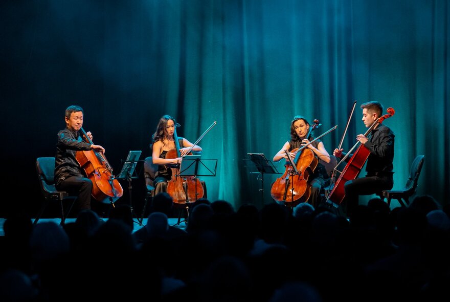 Four cellists on a stage performing, with silhouetted heads of an audience in the foreground.