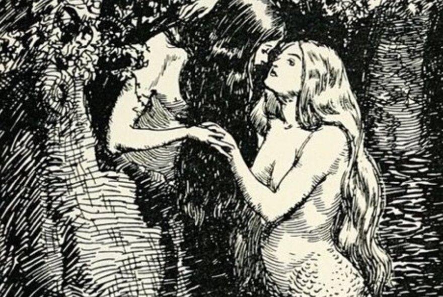 A pen drawing of two mermaid like creatures holding hands, both with long hair.