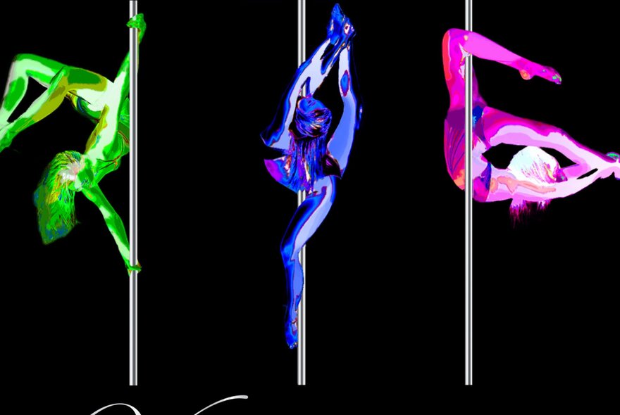 A graphic representation of three neon-coloured pole dancers in various poses.