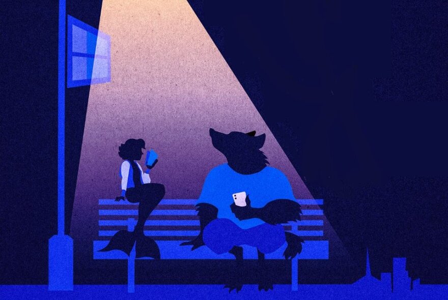Illustration of a mermaid and a werewolf sitting on a bench seat under a street lamp at night.