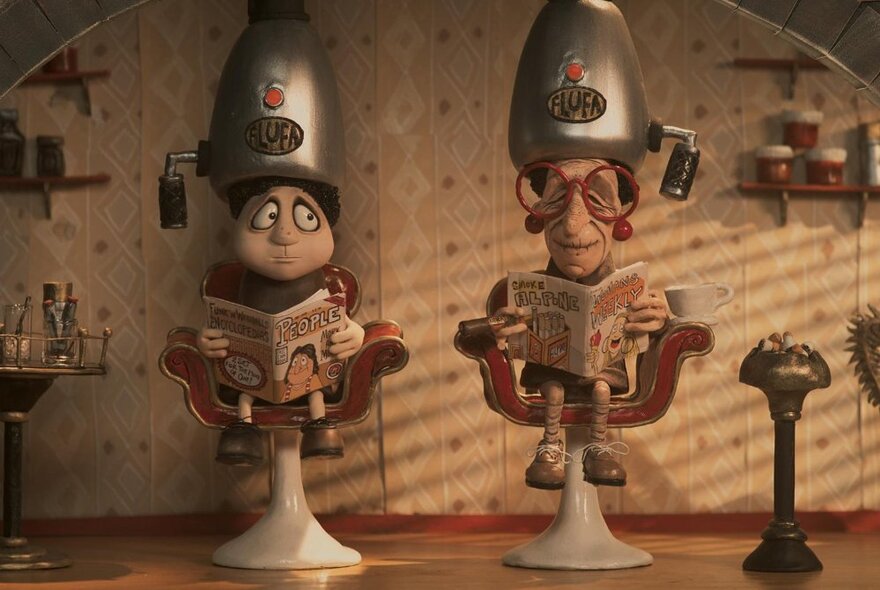 A still from the claymation film Memoir of a Snail, with two people seated in high chairs under old fashioned conical hair dryers at a hair salon.