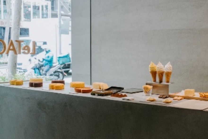 Sweet products on display on a shop counter.