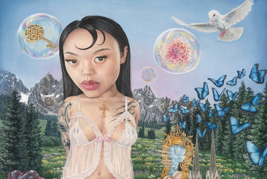 A surreal oil painting featuring a young woman with a stylized large head and small body, standing in a dreamlike landscape with blue butterflies, a white dove, soap bubbles, and an ornate mirror.
