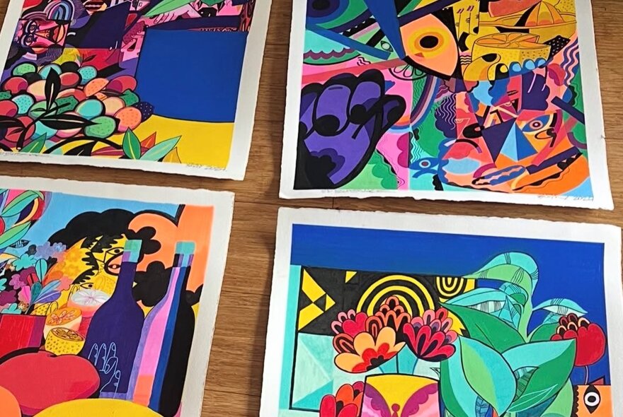 Four ultra colourful paintings. 