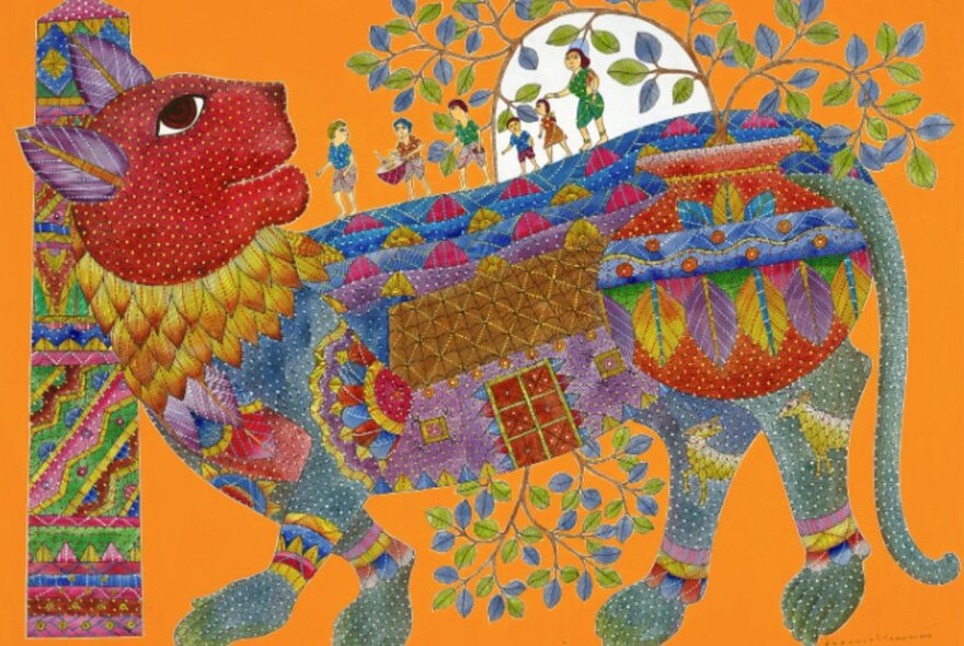 Multi-coloured and detailed artwork of a large cat with tiny people on its back, tree branches sprouting from it, in a folk style.