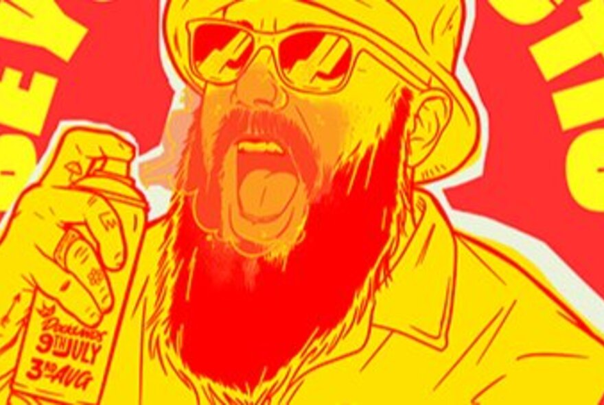 A red and yellow drawing of a person with an open mouth, beard, sunglasses and a cap, holding a can of spray paint in his hand.
