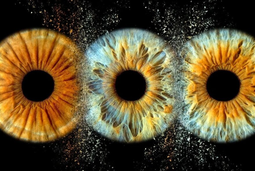 An image of three different irises (coloured parts of the eye) next to each other on a black background.