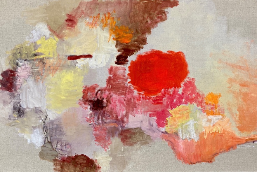 Abstract oil painting of coloured splotches.