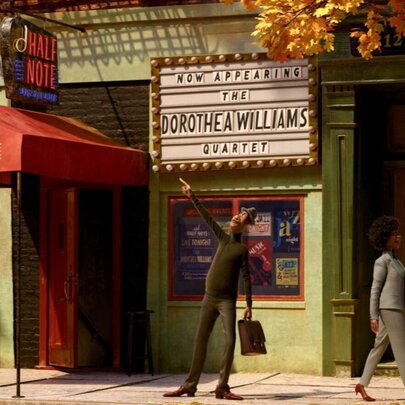 Animated still, people outside a cinema with portico entry and sign.