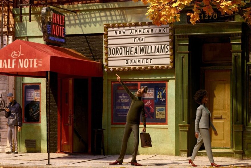 Animated still, people outside a cinema with portico entry and sign.