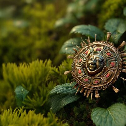 An Incan sun mask lying on greenery, part of the Machu Picchu: Journey to the Lost City virtual reality experience.