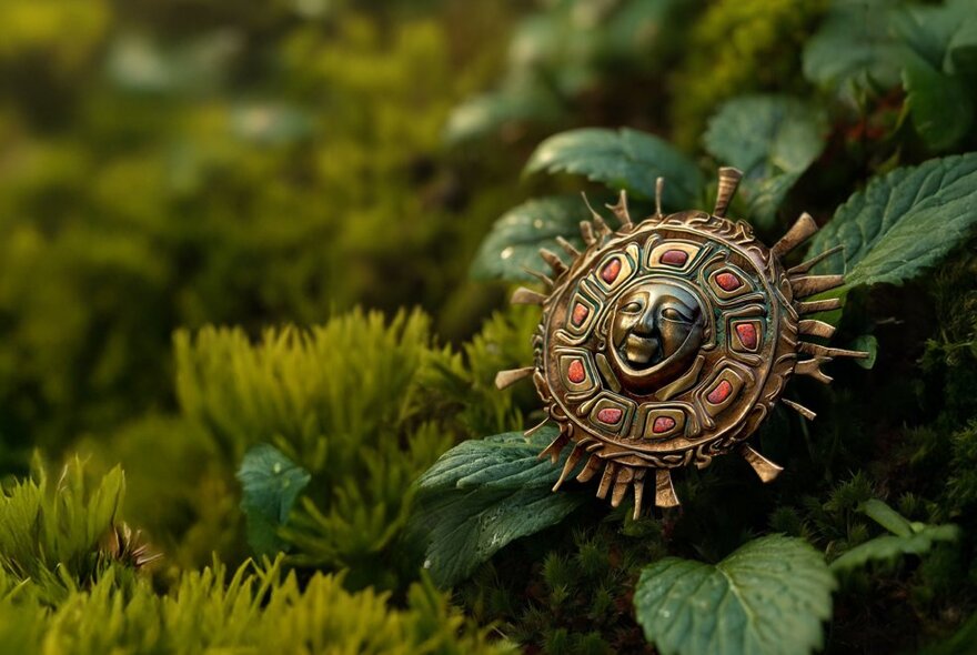 An Incan sun mask lying on greenery, part of the Machu Picchu: Journey to the Lost City virtual reality experience.