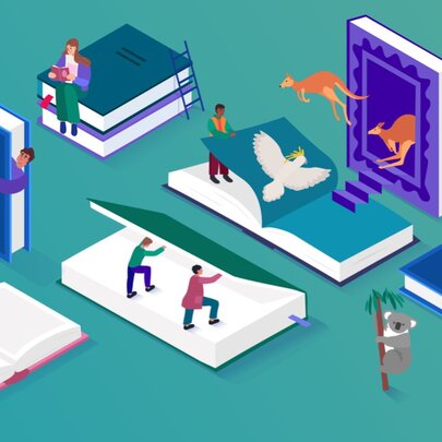An illustration of tiny human figures interacting with oversized open books, with Australian animals (kangaroos, koala, echidna), against a teal background.