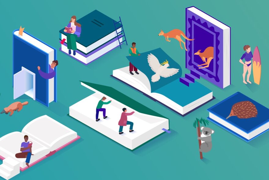An illustration of tiny human figures interacting with oversized open books, with Australian animals (kangaroos, koala, echidna), against a teal background.