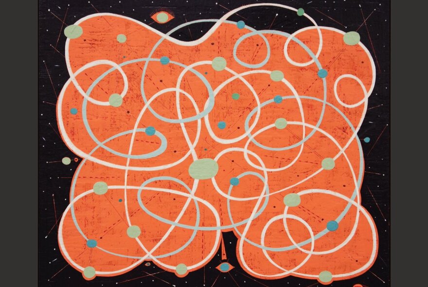 Orange abstract graphic image with swirls on black.