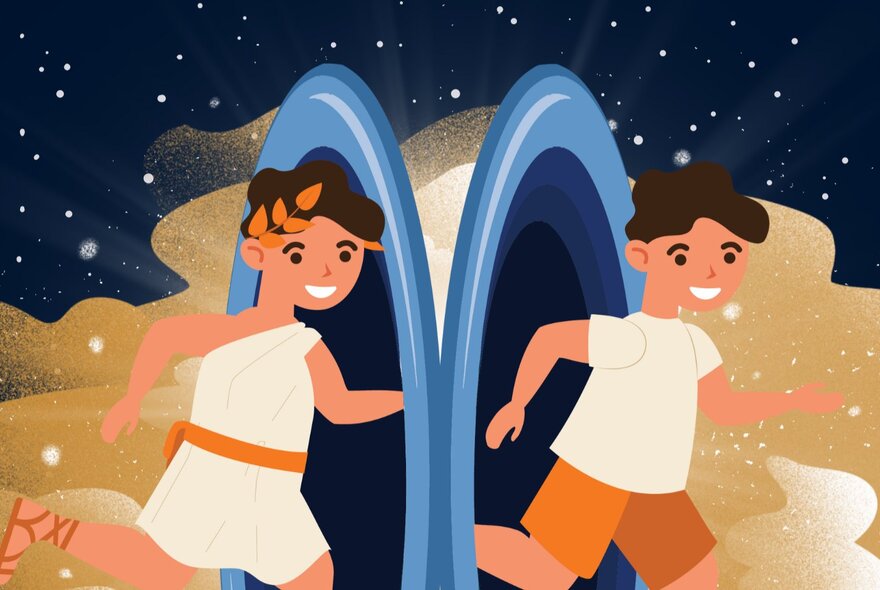 Cartoon style drawing of two children, one wearing a toga and the other modern clothing, running against a backdrop of a starry sky.