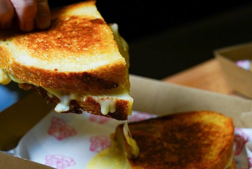 Half a cheese toasted sandwich being held above the other half, still sitting in the cardboard tray.