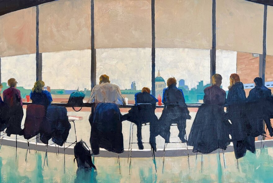 A painting of several people sitting and looking out a large window at an urban landscape.