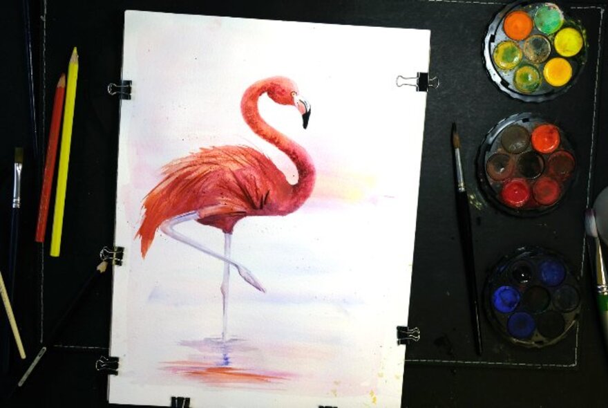 Watercolour painting of a flamingo on paper.