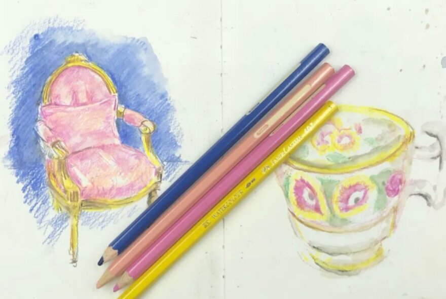 Sketch of an antique armchair on paper with coloured pencils.