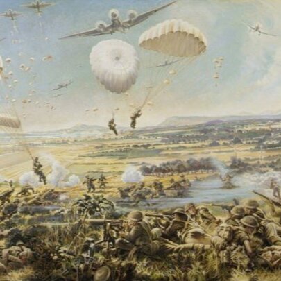 Illustration of soldiers parachuting onto a battlefield with planes soaring overhead.