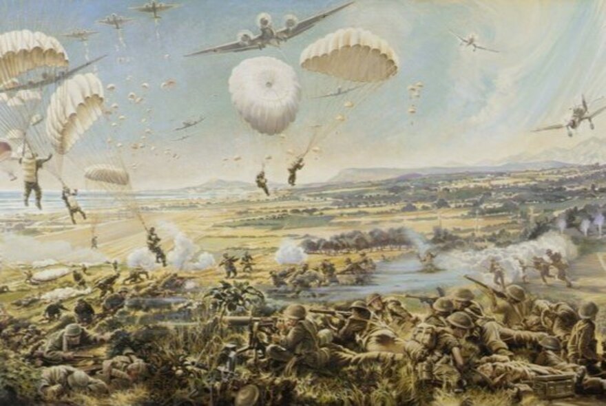 Illustration of soldiers parachuting onto a battlefield with planes soaring overhead.