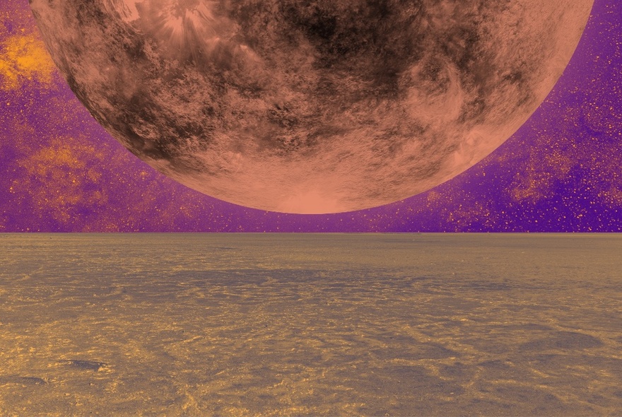 An image of half a fiery planet with a purple sky over a speckled surface.