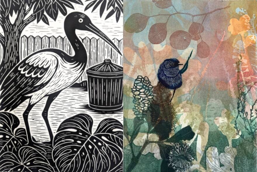 Two artwork prints, side by side; one of a large wading bird in a garden, the other a small bird on a branch with foliage and organic shapes. 