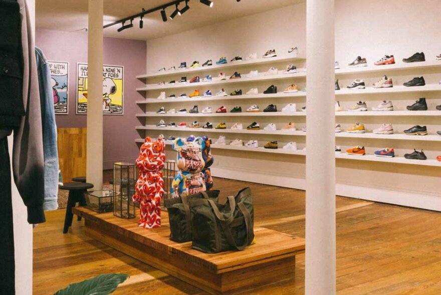 The floor of an up market streetwear store with a row of sneakers in the background.