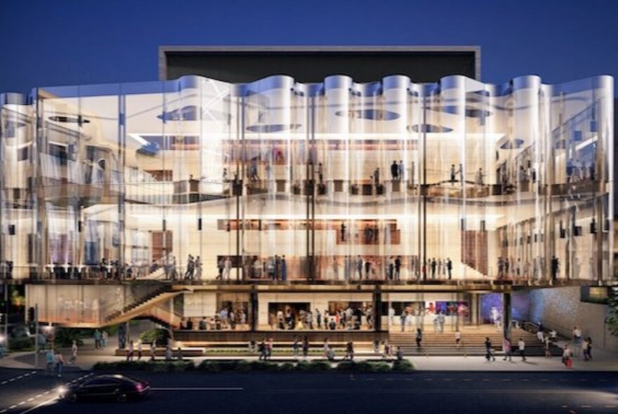 Architect design of a very modern large scale building wtih lots of glass, at dusk. 