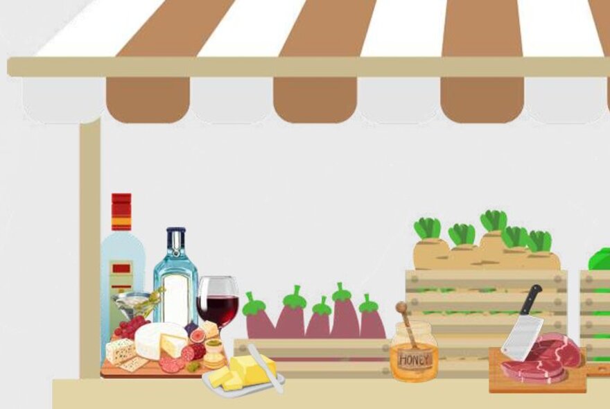 Stall with cheeses, meats, butter and bottles of alcohol.