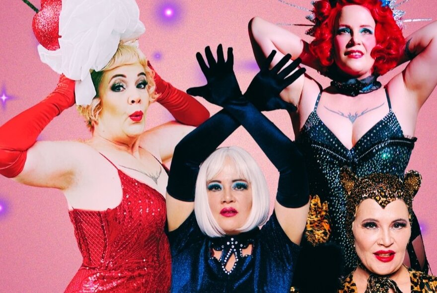 Four burlesque performers wearing racy colourful costumes and wigs.