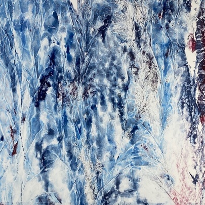 An abstract print depicting a natural scene with streaks of blue, white, and a hint of red.