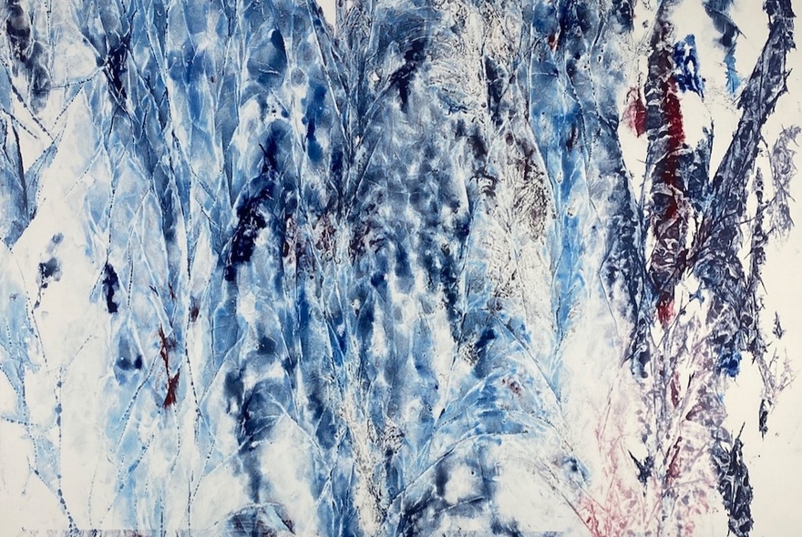 An abstract print depicting a natural scene with streaks of blue, white, and a hint of red.