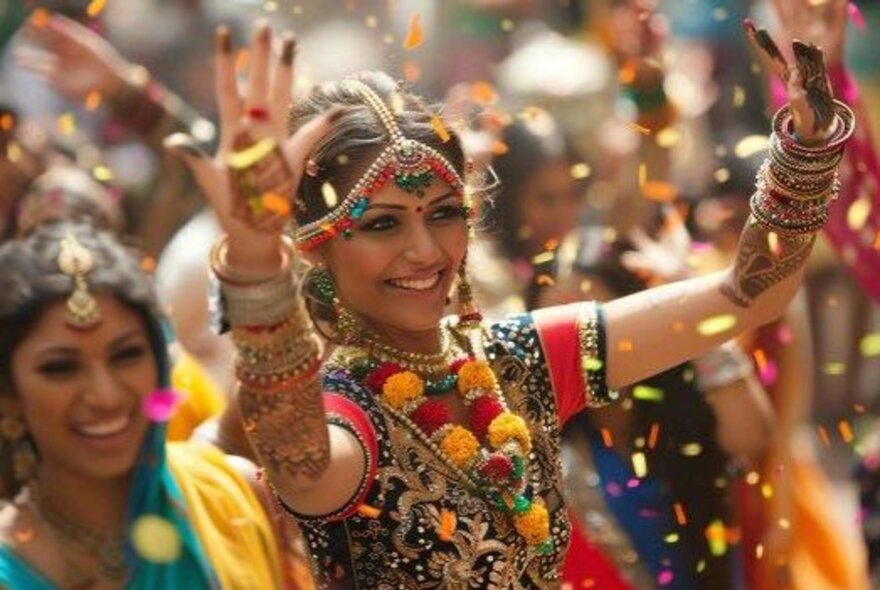 Indian dancer wearing traditional dress in a crowd of dancers with confetti.