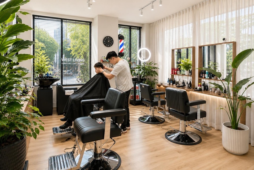 A barber working on a client in a salon with lots of large pot plants. 