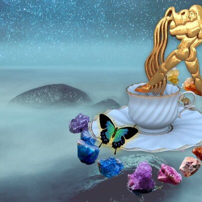A gold Aquarius statuette, pouring tea into a white, fluted, gold-rimmed teacup and saucer, with colourful gem stones and a butterfly surrounding it, all floating over a misty, mountainous landscape at night.