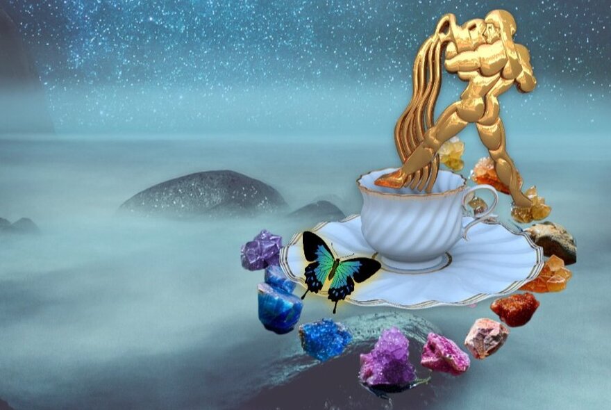 A gold Aquarius statuette, pouring tea into a white, fluted, gold-rimmed teacup and saucer, with colourful gem stones and a butterfly surrounding it, all floating over a misty, mountainous landscape at night.