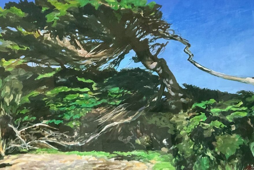 Oil painting of windswept coastal trees. 