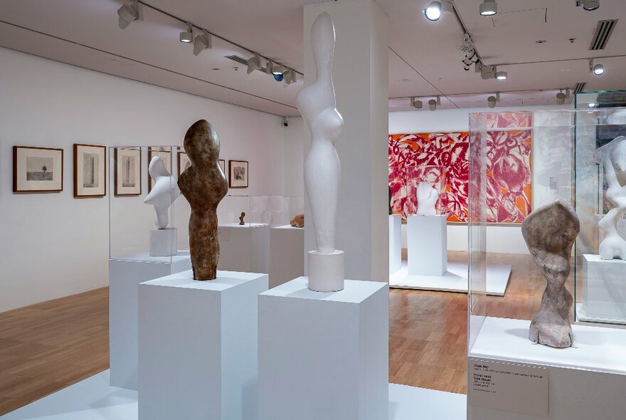 Examples of Hans Arp sculptures presented in glass-framed displays in a gallery setting.