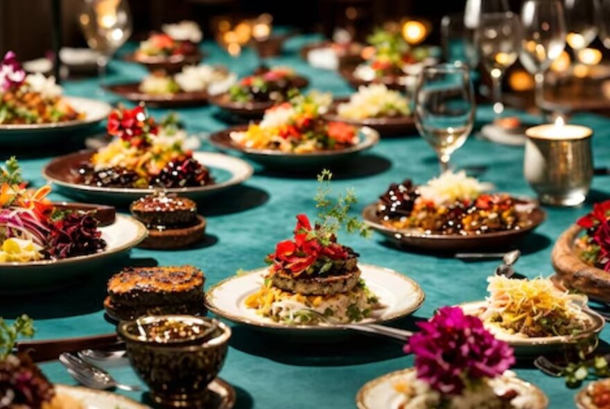 A selection of small plates of food and wine on a table.