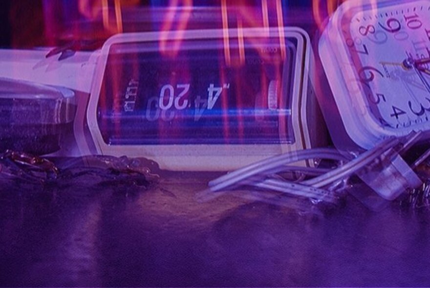 An old-fashioned alarm clock, upside down, blurred behind illegible neon letters.