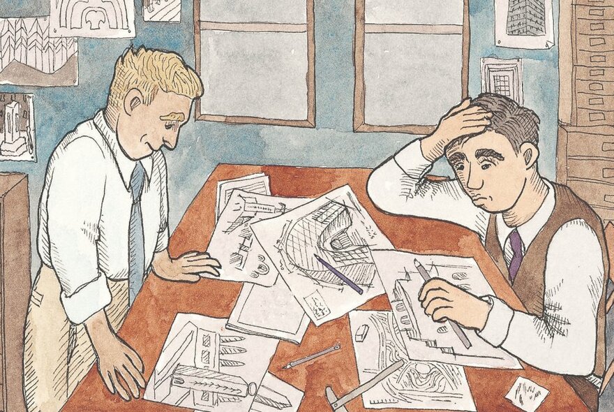 A drawing from a graphic novel showing two men at a work desk examining designs and looking stressed. 